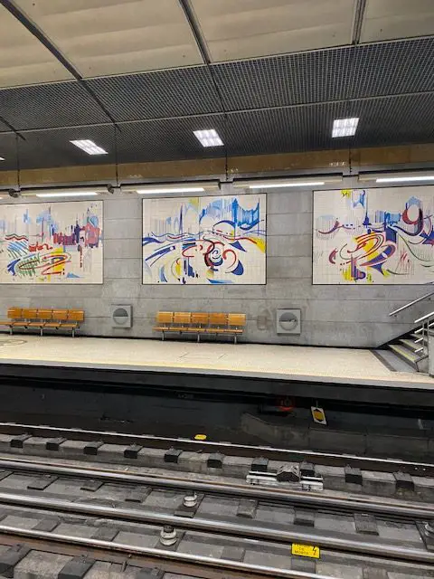Colorful tile murals on the Metro Lisboa subway platform
