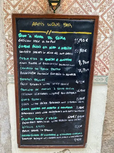 A look at the menu at Artis Wine Bar, Lisbon, Portugal