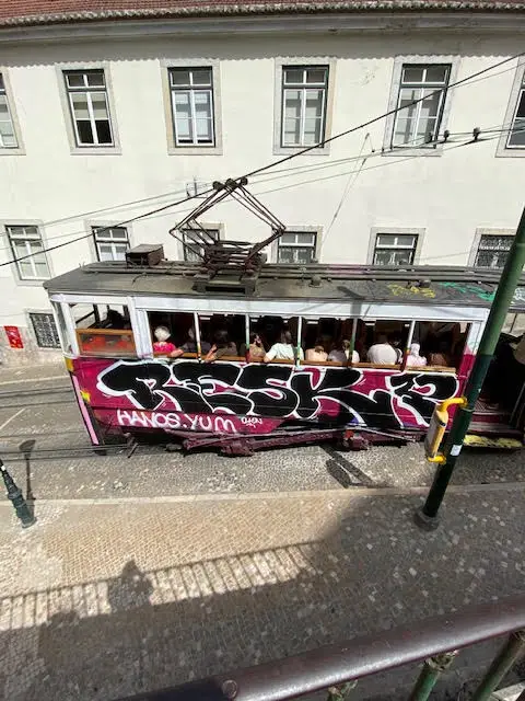 Ascensor da Gloria funicular carrying passengers up to Barrio Alto in Lisbon, Portugal