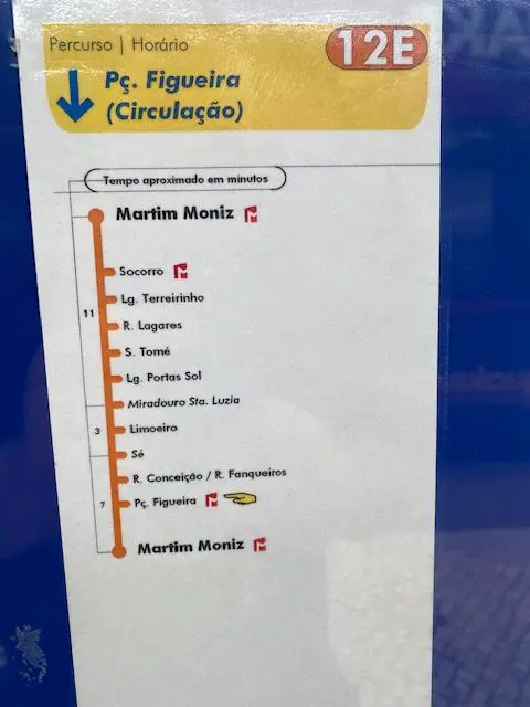At each tram or bus stop in Lisbon, you will find a sign showing the schedule and route.  This sign shows the stops for route 15E