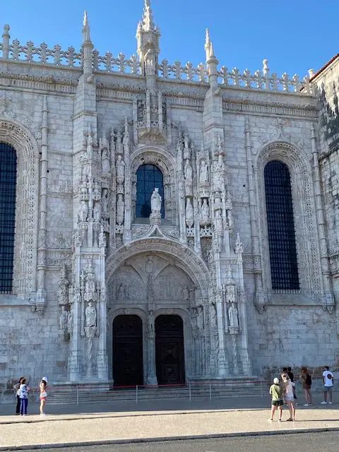 Facade of the Jerónimos Monastery in Lisbon's Belem neighborhood