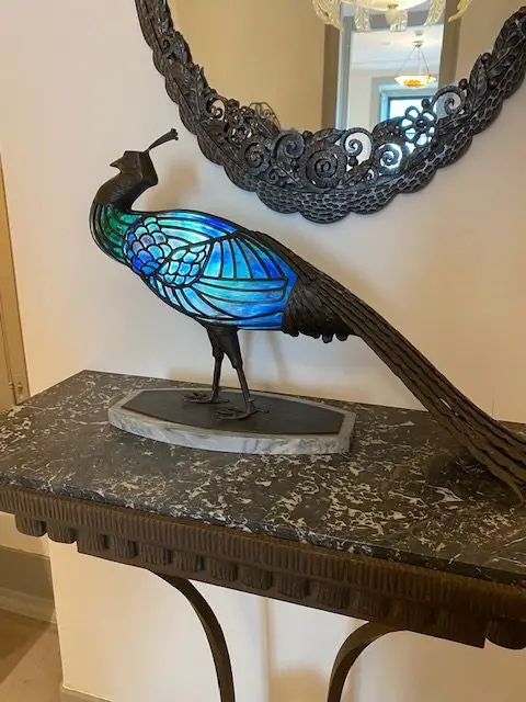 1920s Glass peacock by French glassmakers Muller Freres and Chapelle at Berardo Art Deco Museum, Lisbon, Portugal