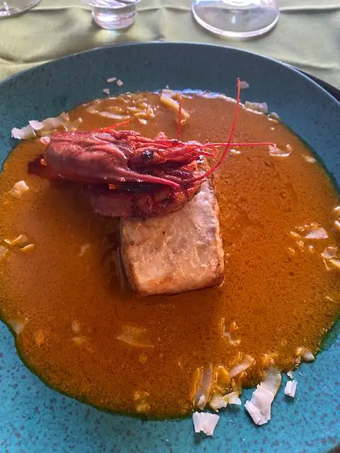 (carabineiro)  and freshly caught sea bass in a coconut and palm oil sauce, Cicero Bistrot, Lisbon