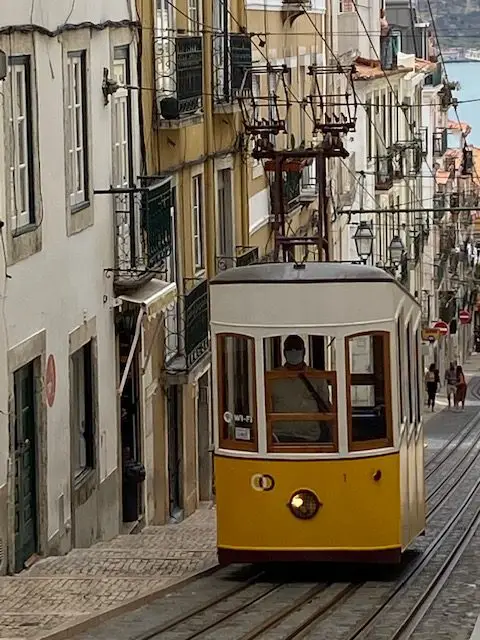 Ascensor da Bica funicular going up to Bairro Alto in Lisbon, Portugal