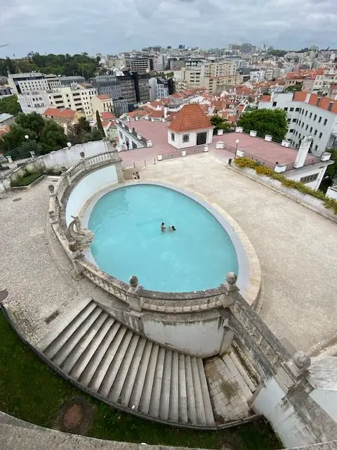 Looking down on the public pool at Lisbon's Jardim de Torel