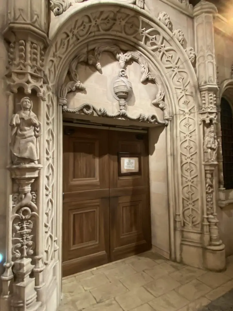 Visitors of Lisbon's Quake Earthquake Experience pass through this replica of the Igreja do Carmo Church doors in order to enter the earthquake simulator