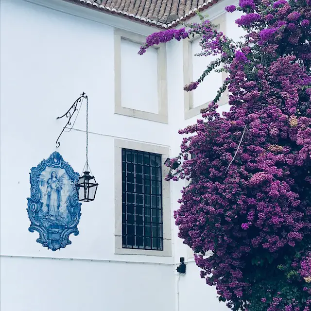 Whitewashed walls, blue azulejo, and purple bougainvillea flowers at the Miradouro de Santa Luzia viewpoint in Lisbon