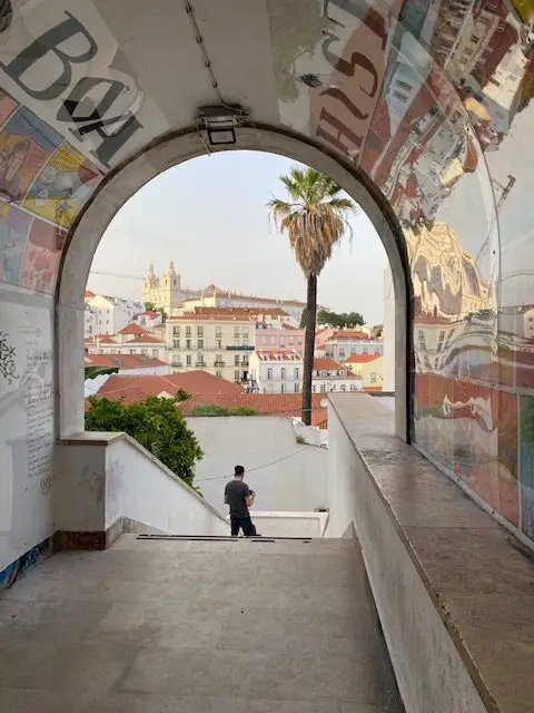 The comic strip that tells the history of Lisbon frames a view of the Church of São Vicente de Fora and a palm tree at the Miradouro das Portas do Sol