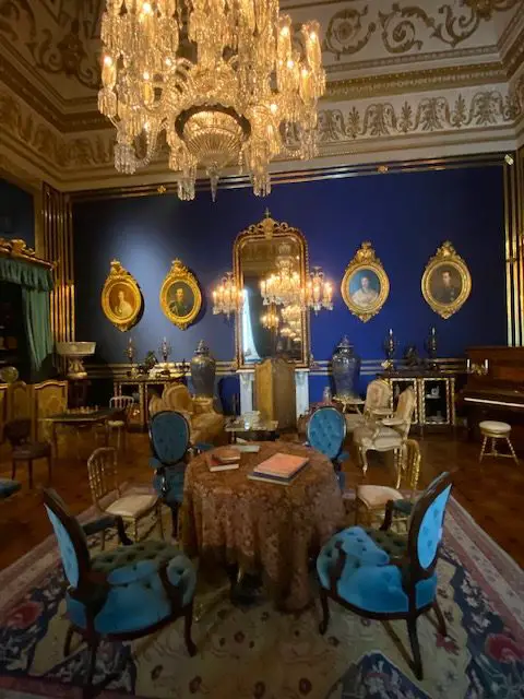 Elegant chandeliers, carpets furniture and paintings decorate the Ajuda National Palace (Palácio Nacional da Ajuda) in Lisbon