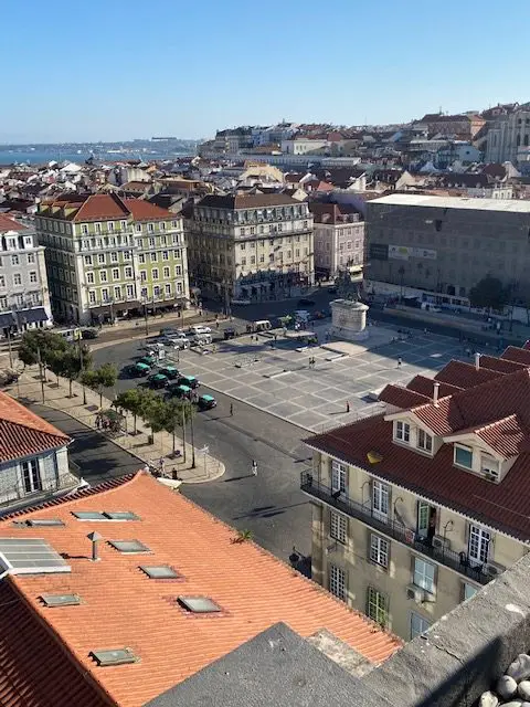 Lisbon's Praça da Figueira seen from the Hotel Mundial Rooftop terrace.  In the background is the Tejo River.