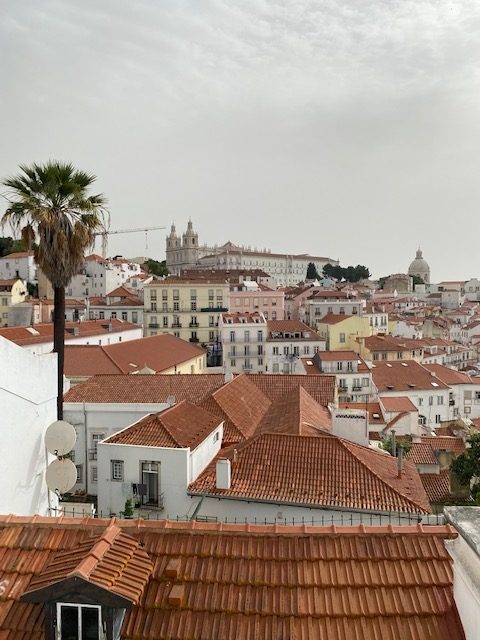 Alfama rooftops seen from the Miradouro das Portas do Sol viewpoint. You can also see the belltowers of São Vicente de Fora Church, and the dome of the National Pantheon