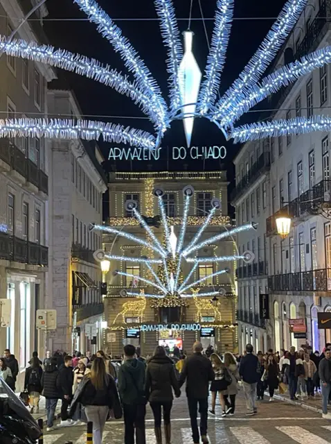 Christmas lights in the Chiado neighborhood of Lisbon, Portugal