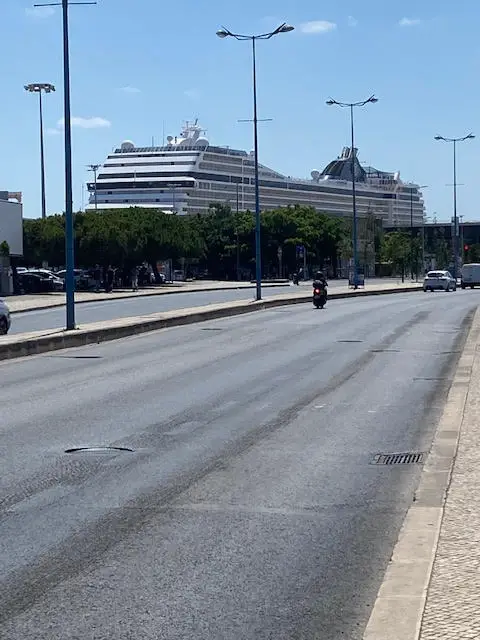Ship docked at Lisbon's cruise terminal on the Tejo River