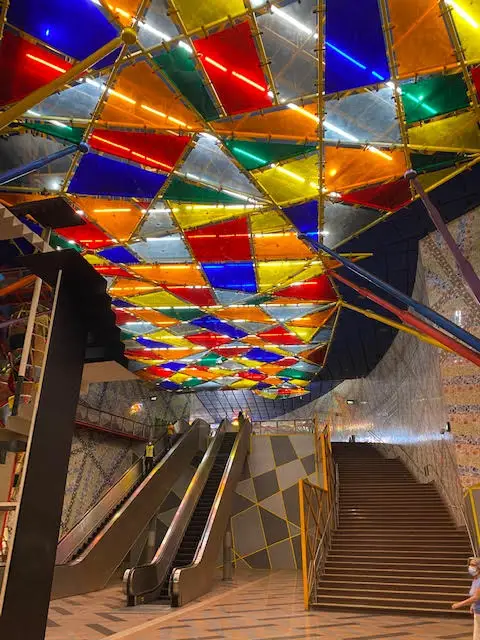 Colored plastic ceiling in the Olaias metro station in Lisbon, Portugal