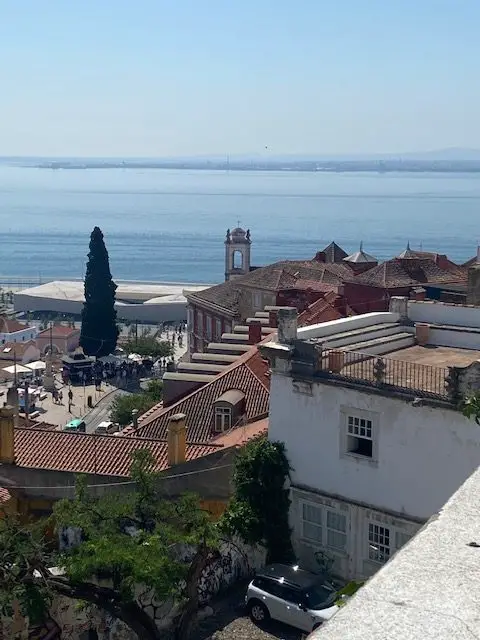 A view of the Alfama neighborhood and the Tejo River from Lisbon's Miradouro do Recolhimento