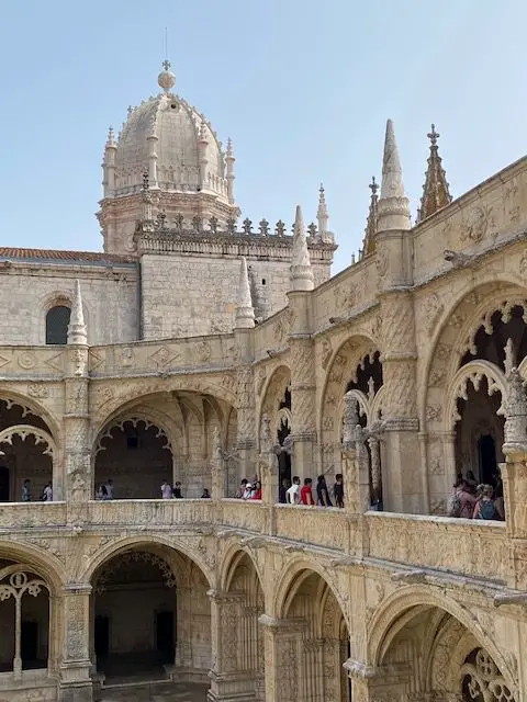The upper and lower cloisters of the Jeronimos Monastery in Lisbon , Portugal.