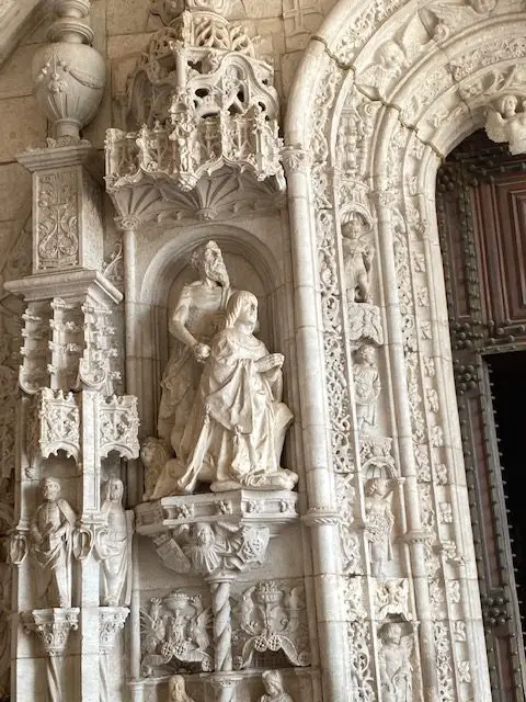There are many ornately carved surfaces at the Jerónimos Monastery in Lisbon, Portugal