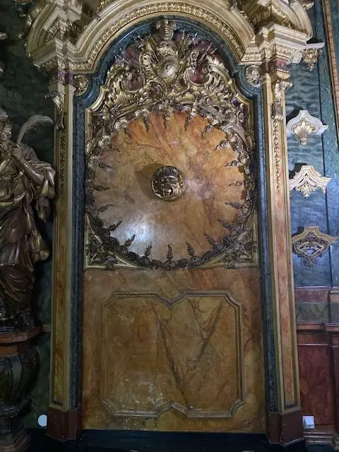 This ornate blue and gold relief is one of many pieces of art that create the palace-like atmosphere at the Military Museum of Lisbon