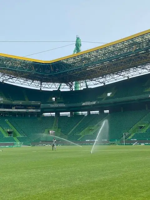 Sprinklers watering the pitch at Sporting CP's José Alvalade Stadium