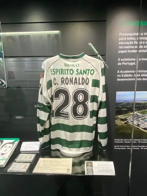 Cristiano Ronaldo's green and white jersey is on display in the Sporting CP Museum at Estádio José Alvalade in Lisbon, Portugal