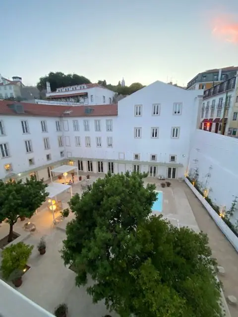 View of the interior courtyard from my balcony at Lisbon's Convento do Salvador Hotel