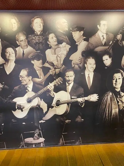 A black and white photographic collage of Portugal's greatest fadistas (fado singers_ in Lisbon's Fado Museum